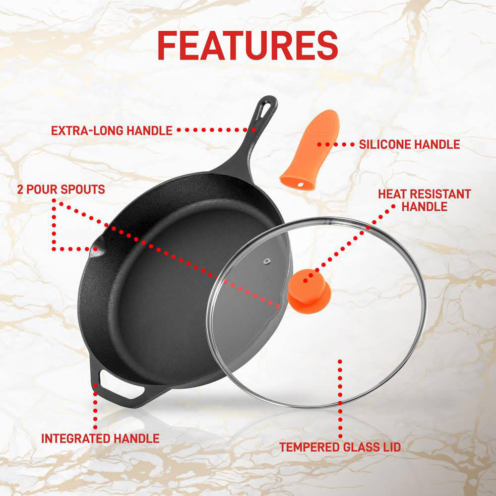 12x22 Pre Seasoned Nonstick Cast Iron Frying Pan with Lid 4 Pack W941