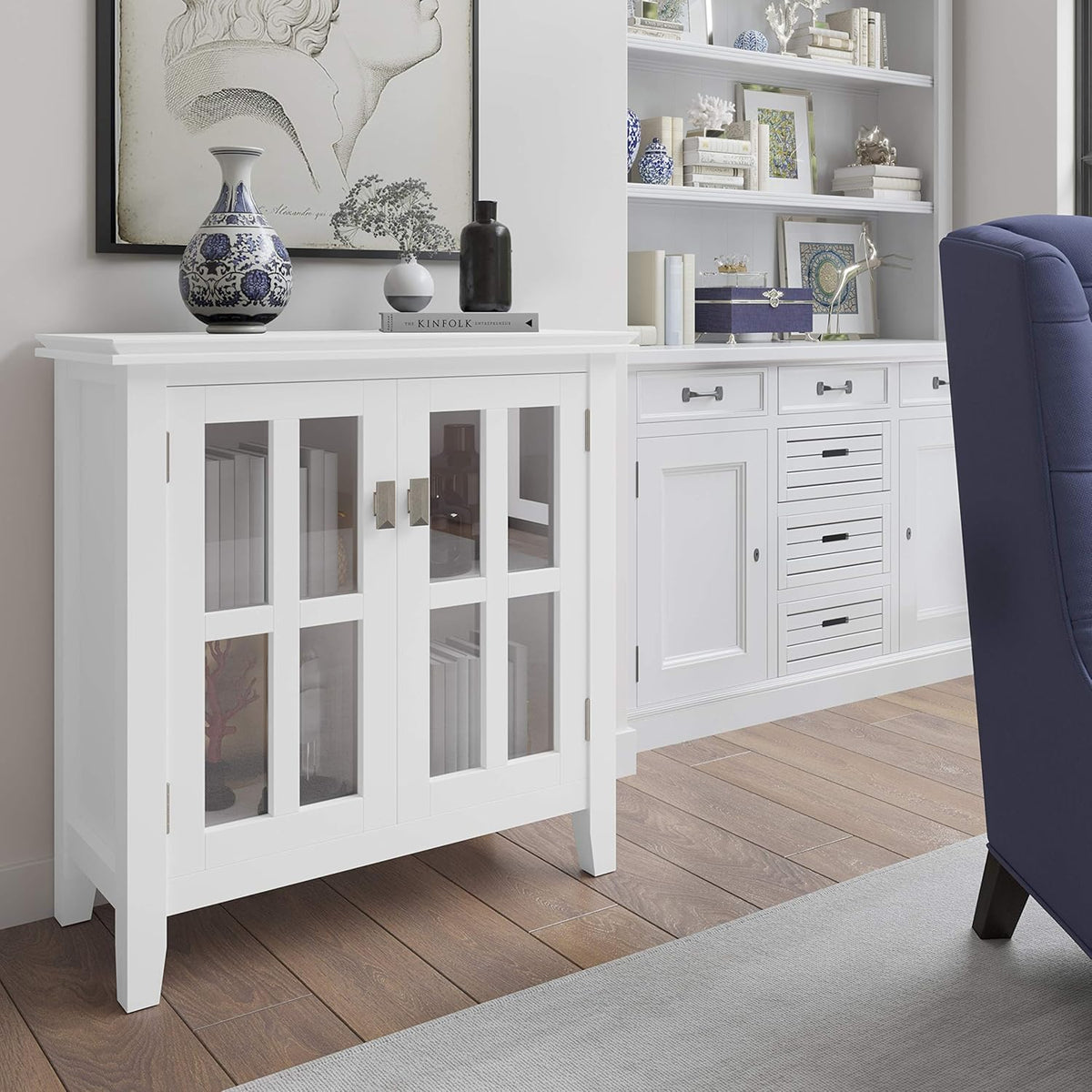 White 30 inch Wide Low Storage Cabinet with 2 Tempered Glass Doors Y401