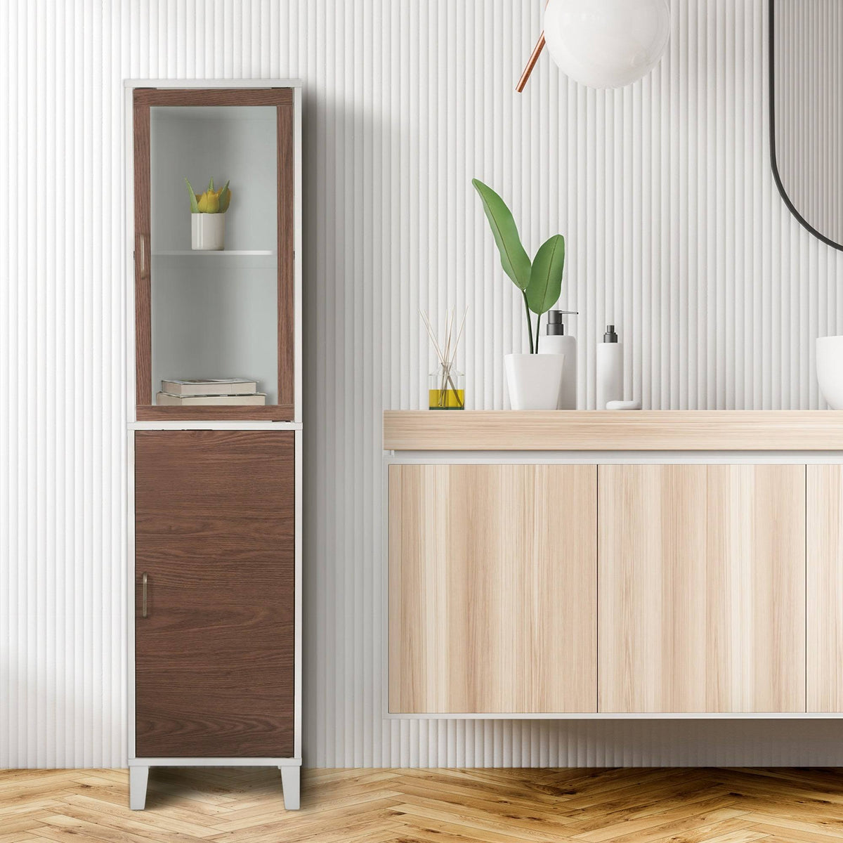 Walnut and White Wooden Linen Tower Cabinet H815251
