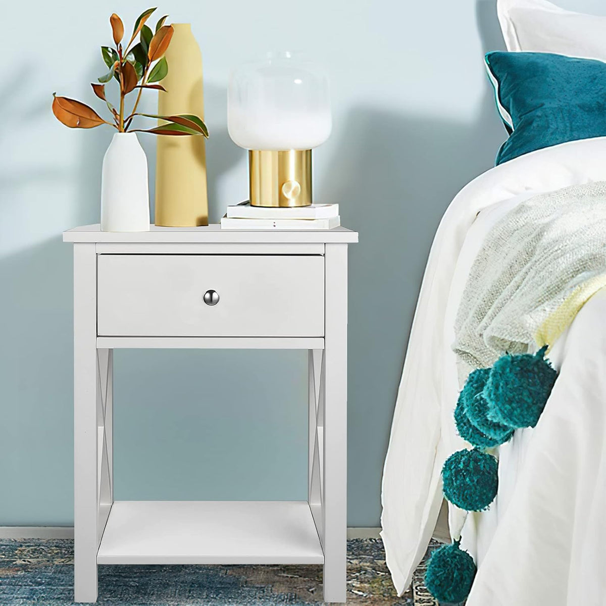 White Wooden Side End Table with Bin Drawer Set of 2 E7447