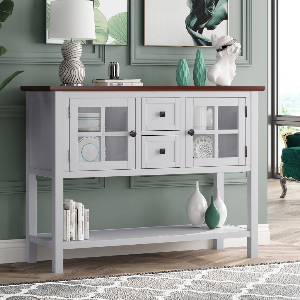 Modern Console Table with 2 Drawer, Cabinet, Shelf, White and Brown Wood B747
