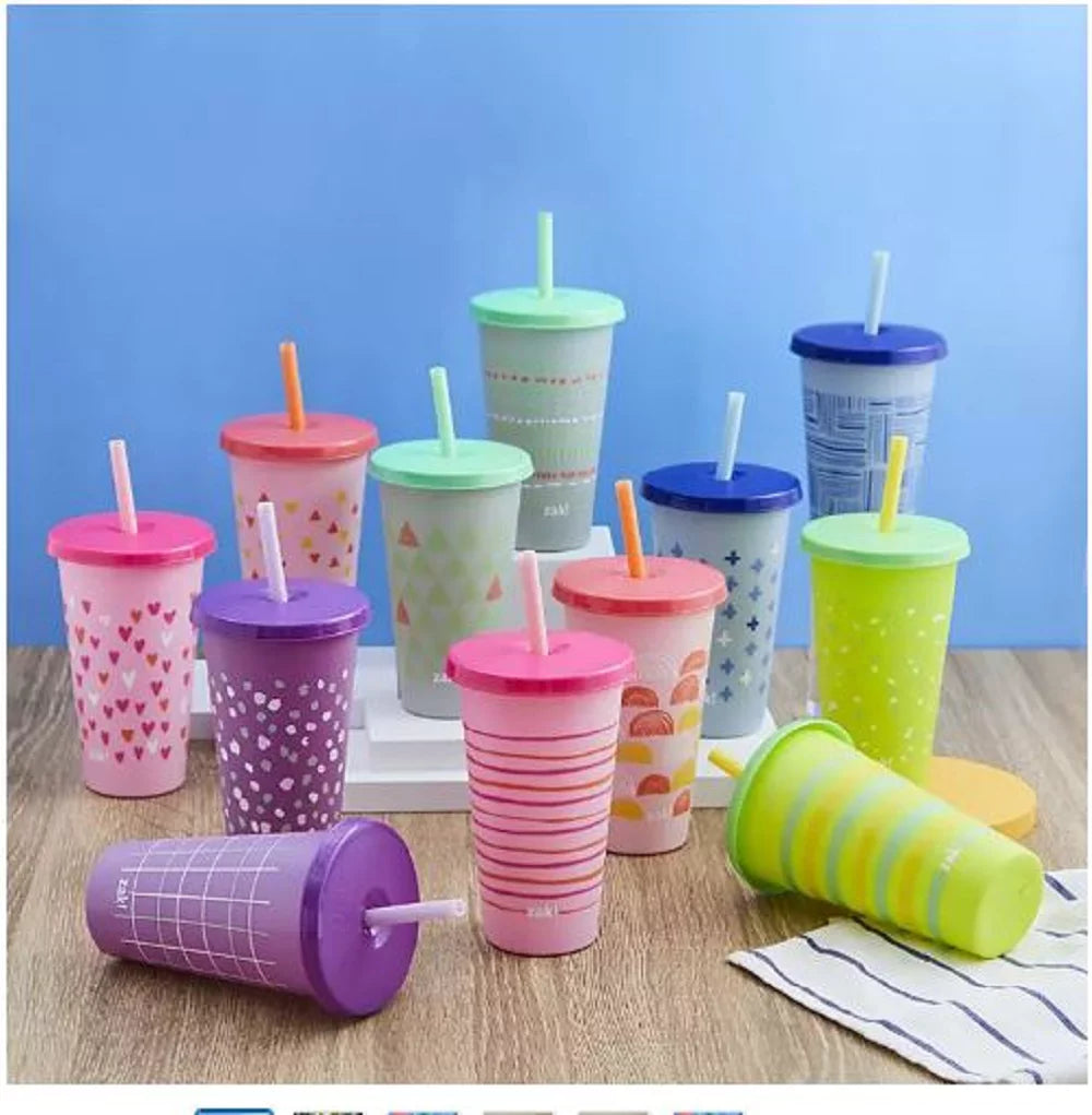 25 oz. Color-Changing Tumbler 12-Pack Set Plastic with Lids and Straws W869