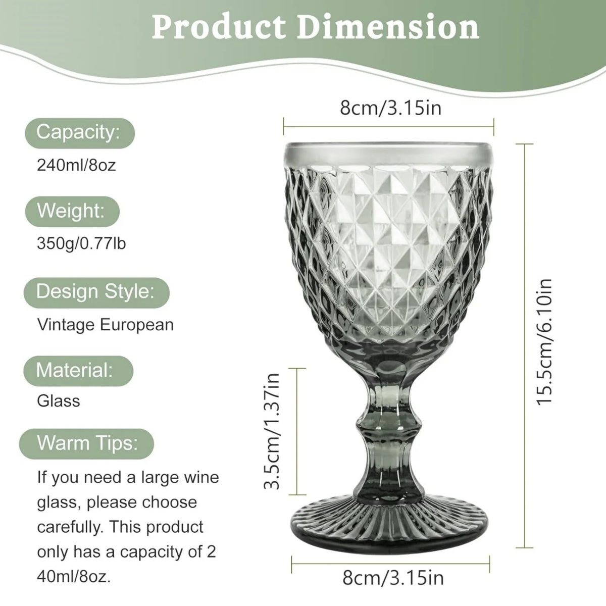 Smoke Gray Diamond Pattern Wine Glass Set of 6 U737642