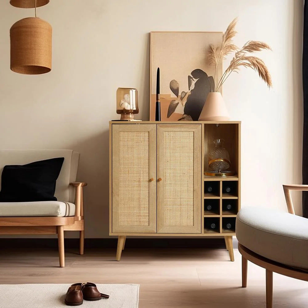 Light Oak Engineered Wood Rattan Wine and Storage Cabinet J73235