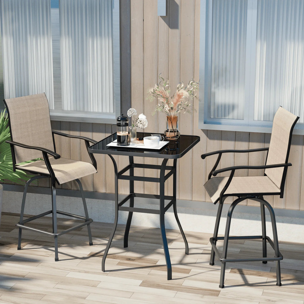 Outdoor High Bar Bistro Chair and Tempered Glass Table Set of 3, Light Brown, Steel R817