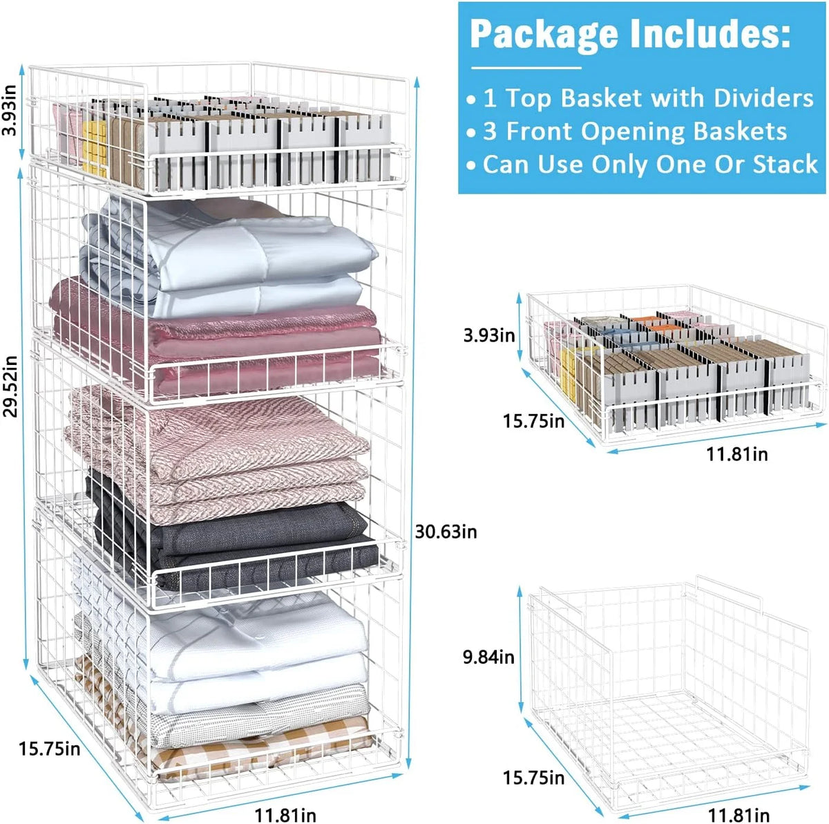4 Tier Stackable Metal Wire Storage Basket with Dividers, White S862