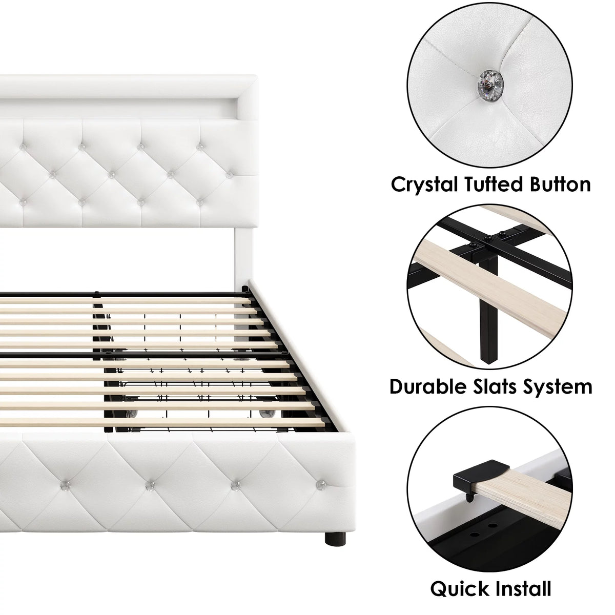 King LED Bed Frame with 4 Storage Drawer White Y47902