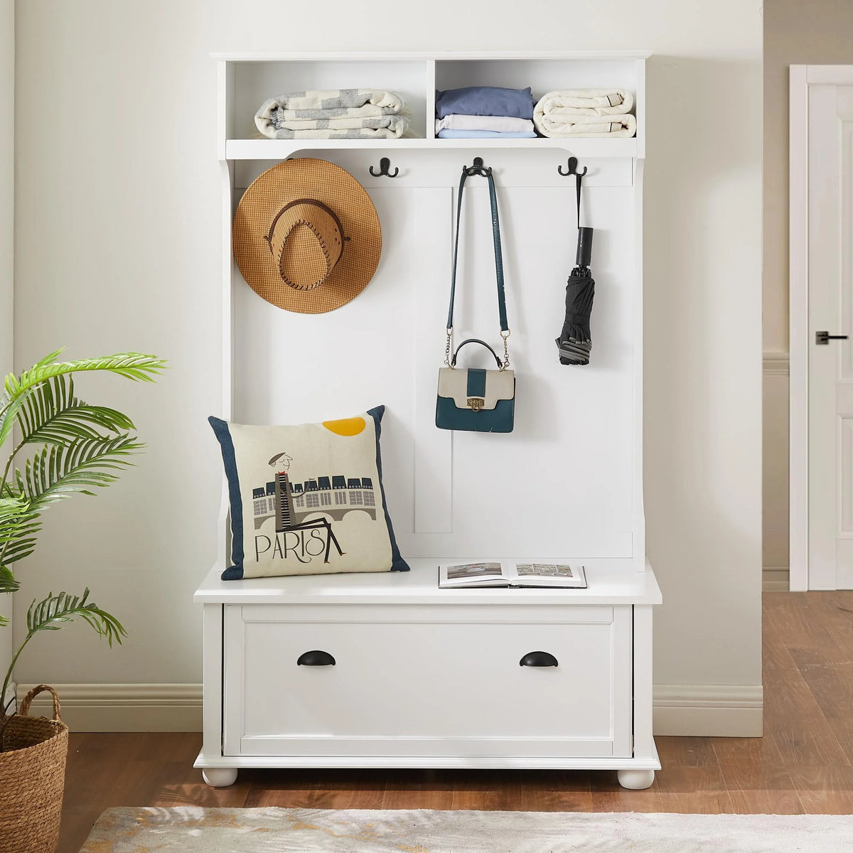 White Hall Tree Bench with Coat Rack and Shoe Cabinet K253