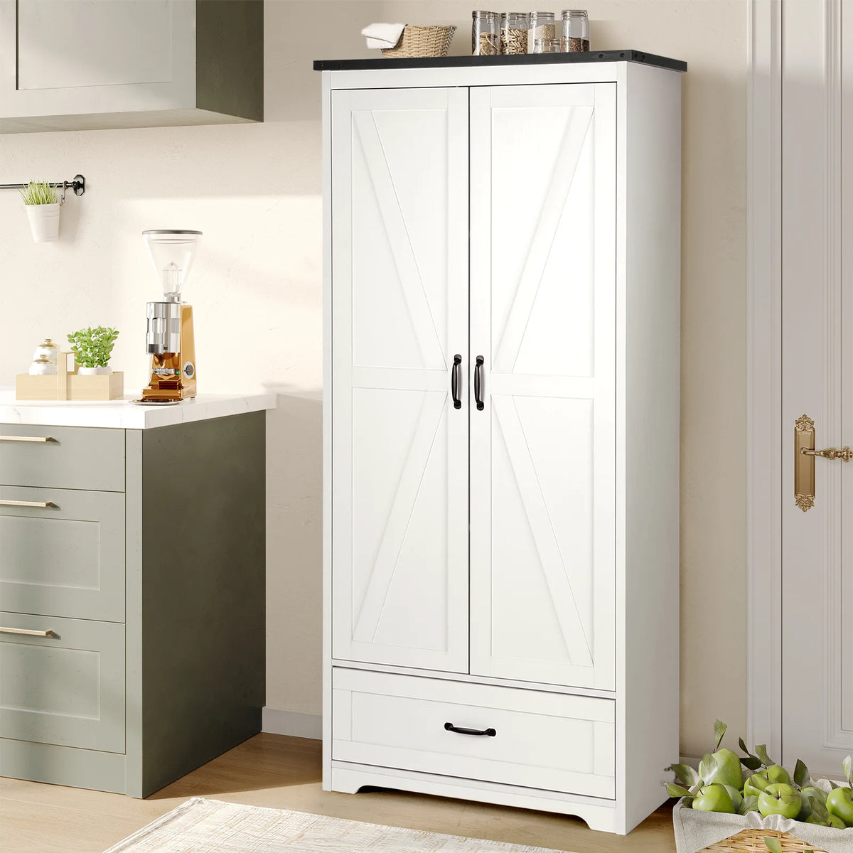 71" Tall White Wood Kitchen Pantry with Drawer & 2 Barn Doors P537