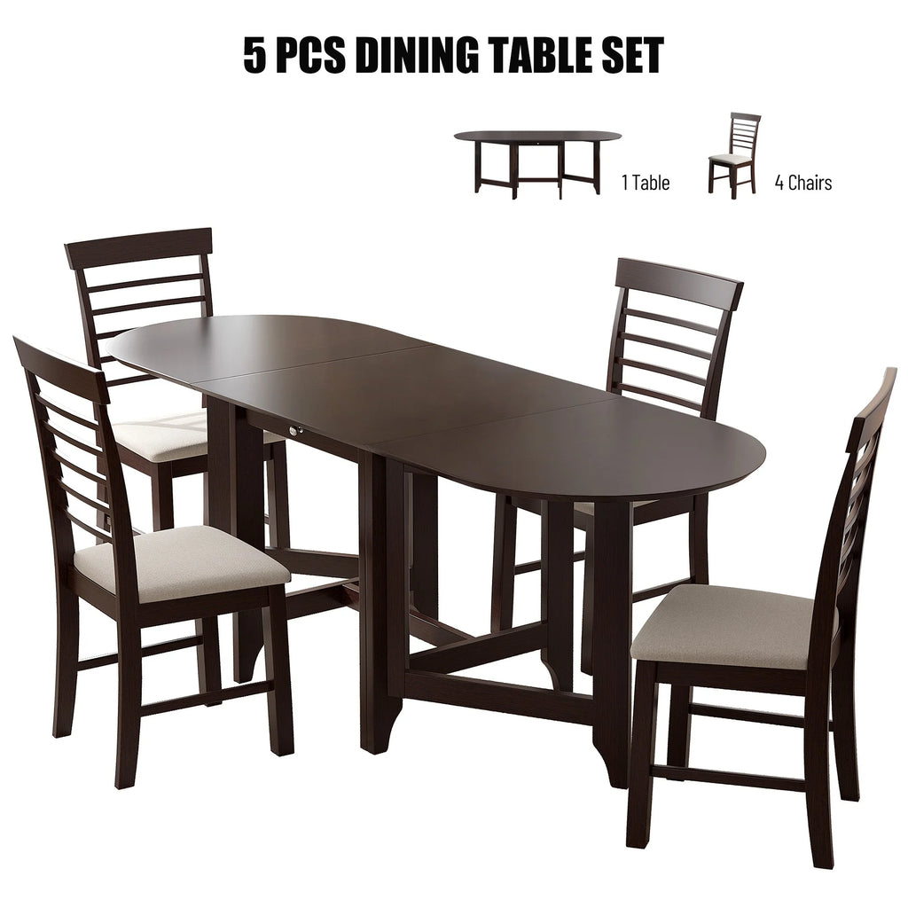 Extendable Drop Leaf Dining Table Set with 4 Upholstered Chairs I839090