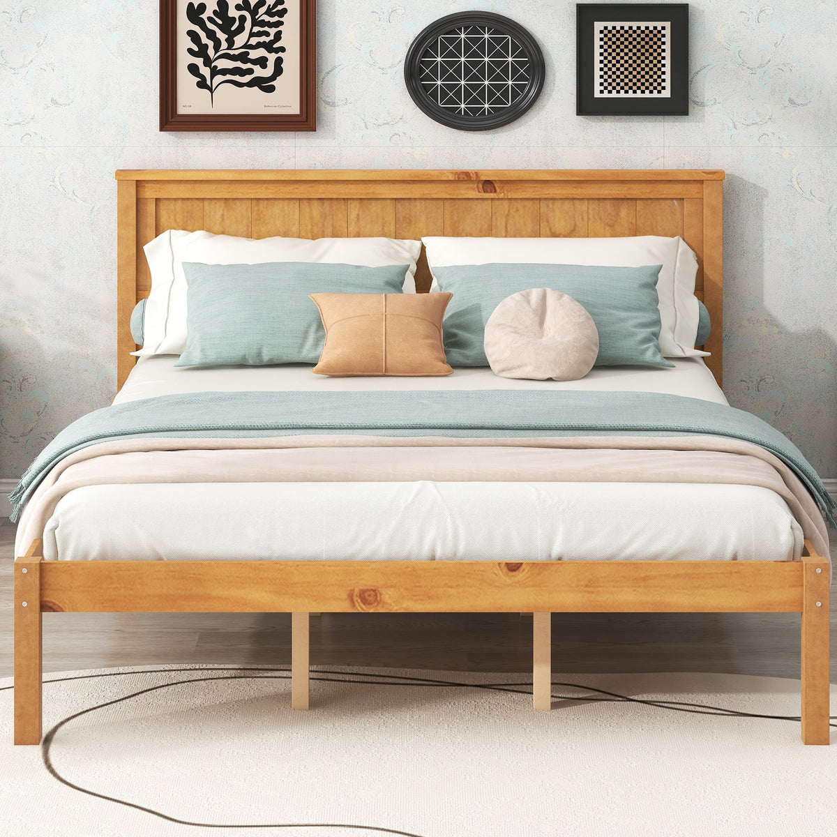 Queen Oak Platform Bed Frame with Headboard O656548