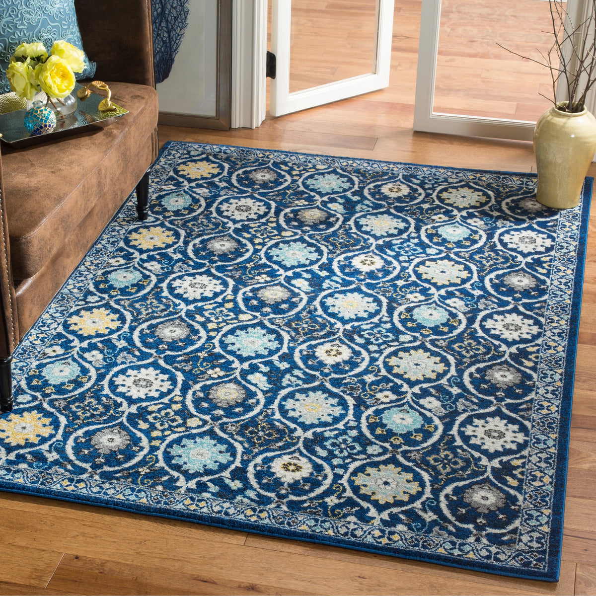 Ivory Blue Floral Geometric Area Rug 8' x 10' A887