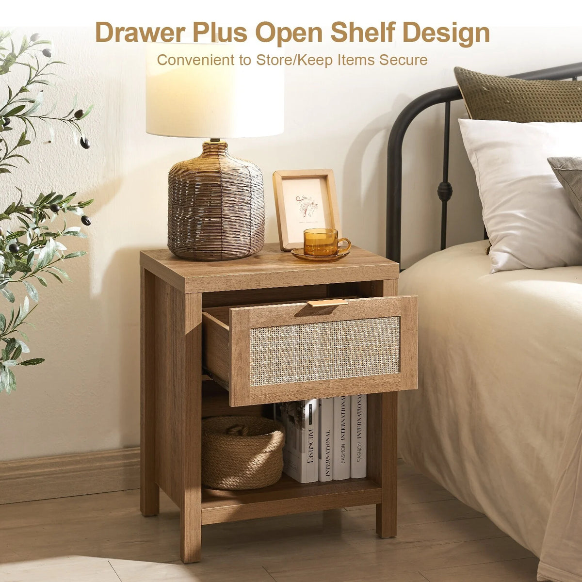 Oak Rattan Nightstand Set of 2 with Drawer and Storage Shelf Z78639