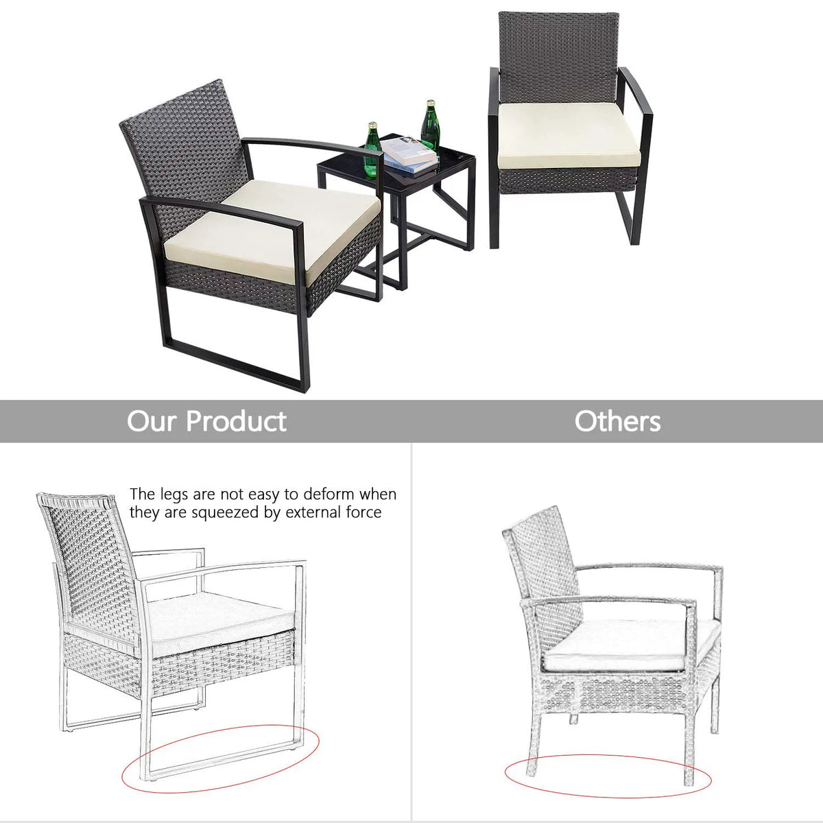 3 Pieces PE Rattan Bistro Set with Coffee Table B730