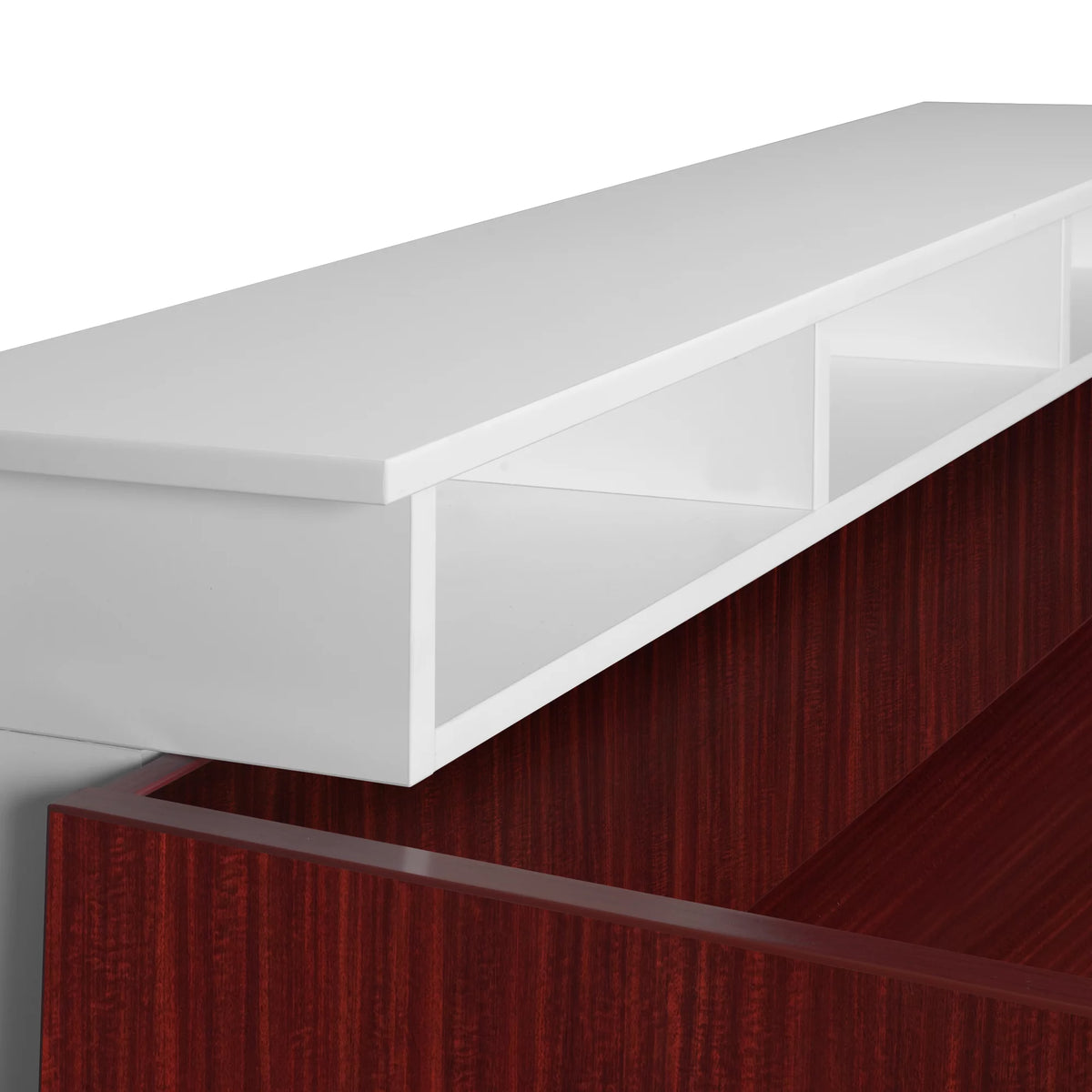 Double Full Pedestal Reception Desk with White Transaction Top Mahogany H716254