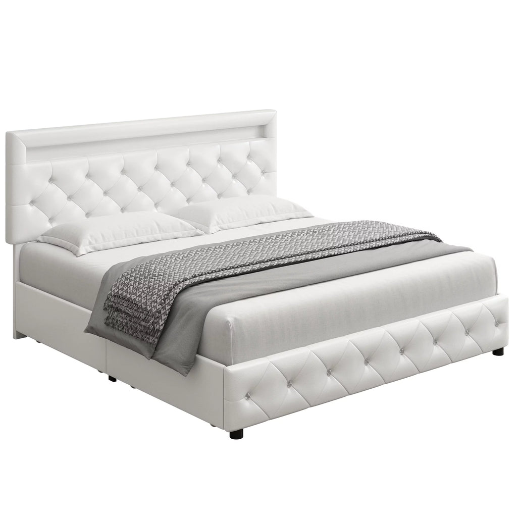 King LED Bed Frame with 4 Storage Drawer White Y47902