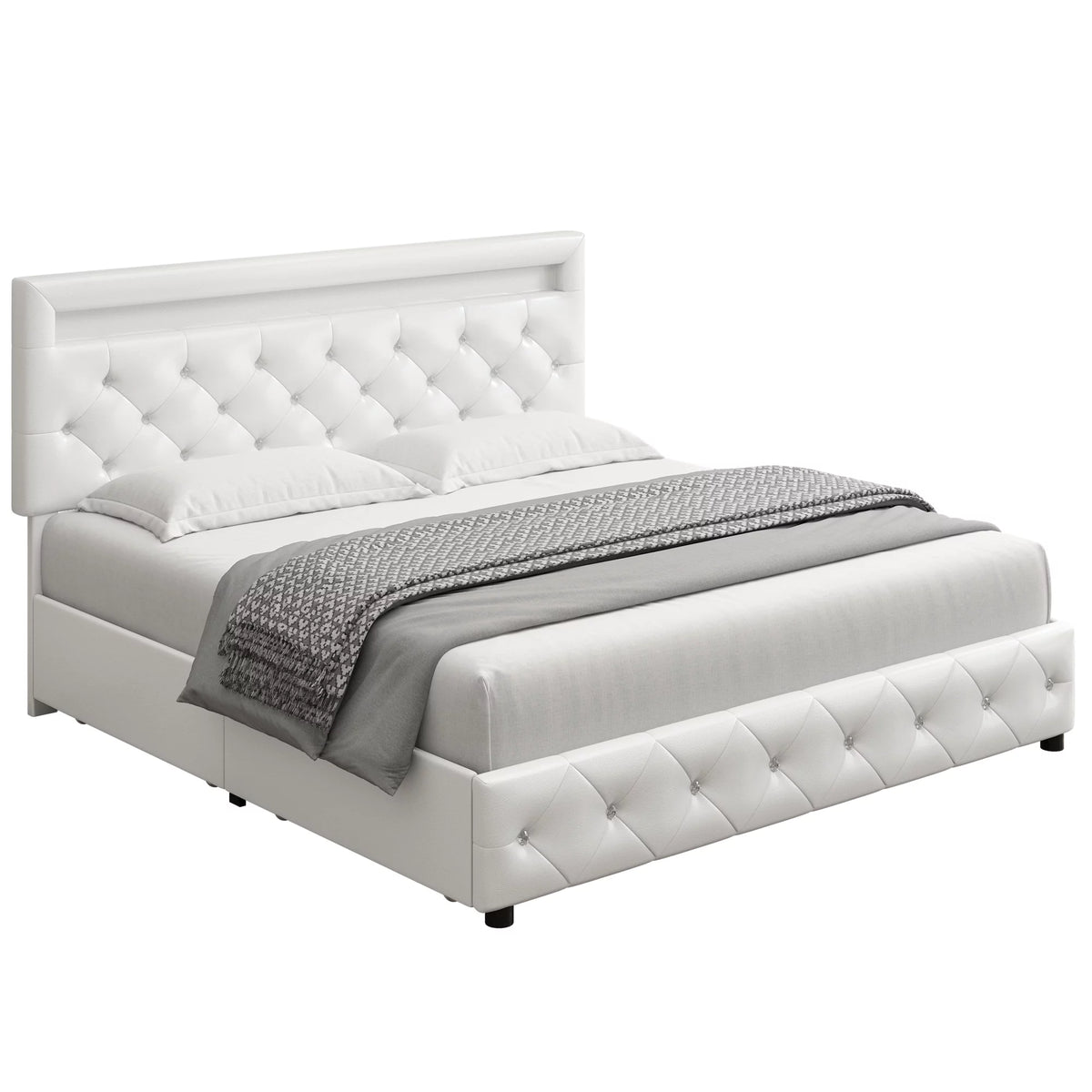King LED Bed Frame with 4 Storage Drawer White Y47902