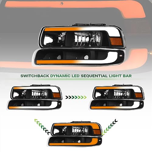 Sequential LED Strip Tube Bar Black Housing Crystal Headlights With Signal Bumper Lamps Amber Reflector 4-Pieces E46523