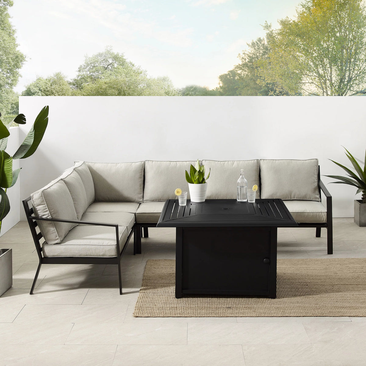 5 Pc Outdoor Metal Sectional Set with Fire Table Taupe Matte Black V55400