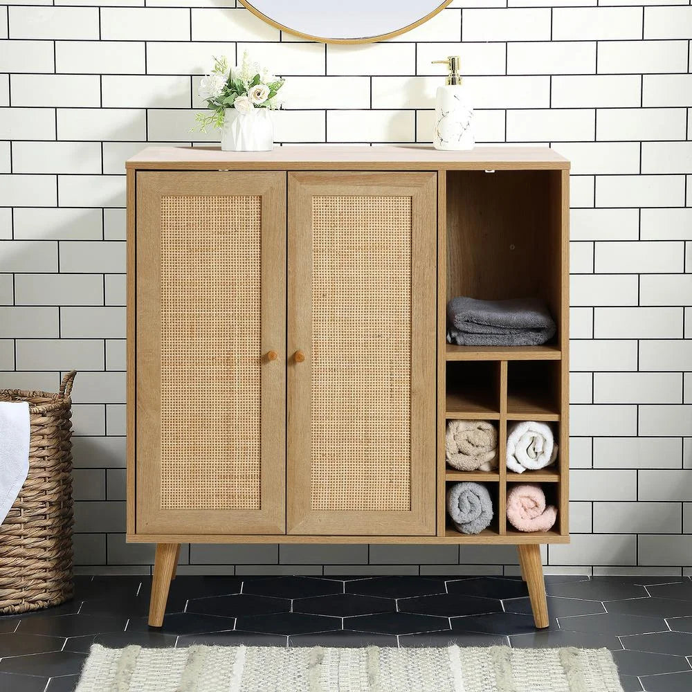 Light Oak Engineered Wood Rattan Wine and Storage Cabinet J73235