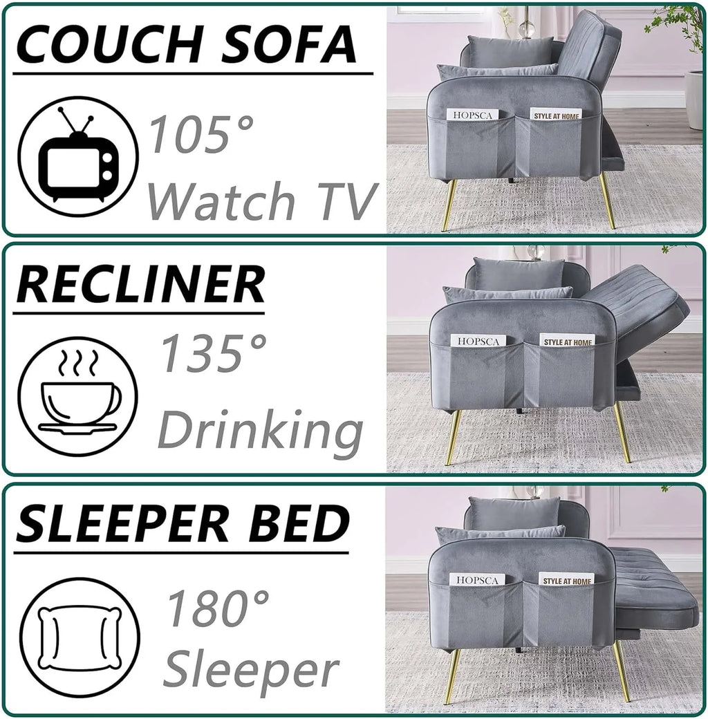 Grey Velvet Convertible Folding Sofa Bed O825