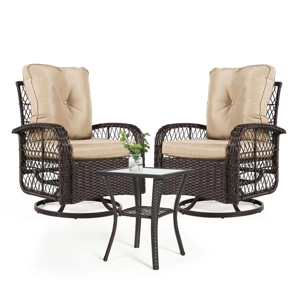 3 Piece Swivel Rocking Wicker Patio Chairs Set with Beige Cushions I80836