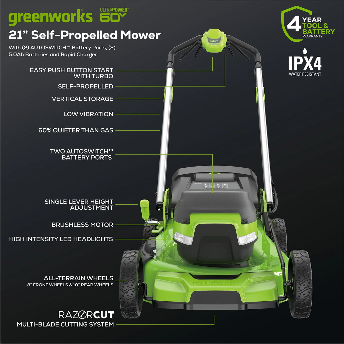 60V 21” Self-Propelled Lawn Mower with 5.0 Ah Batteries & Charger O243