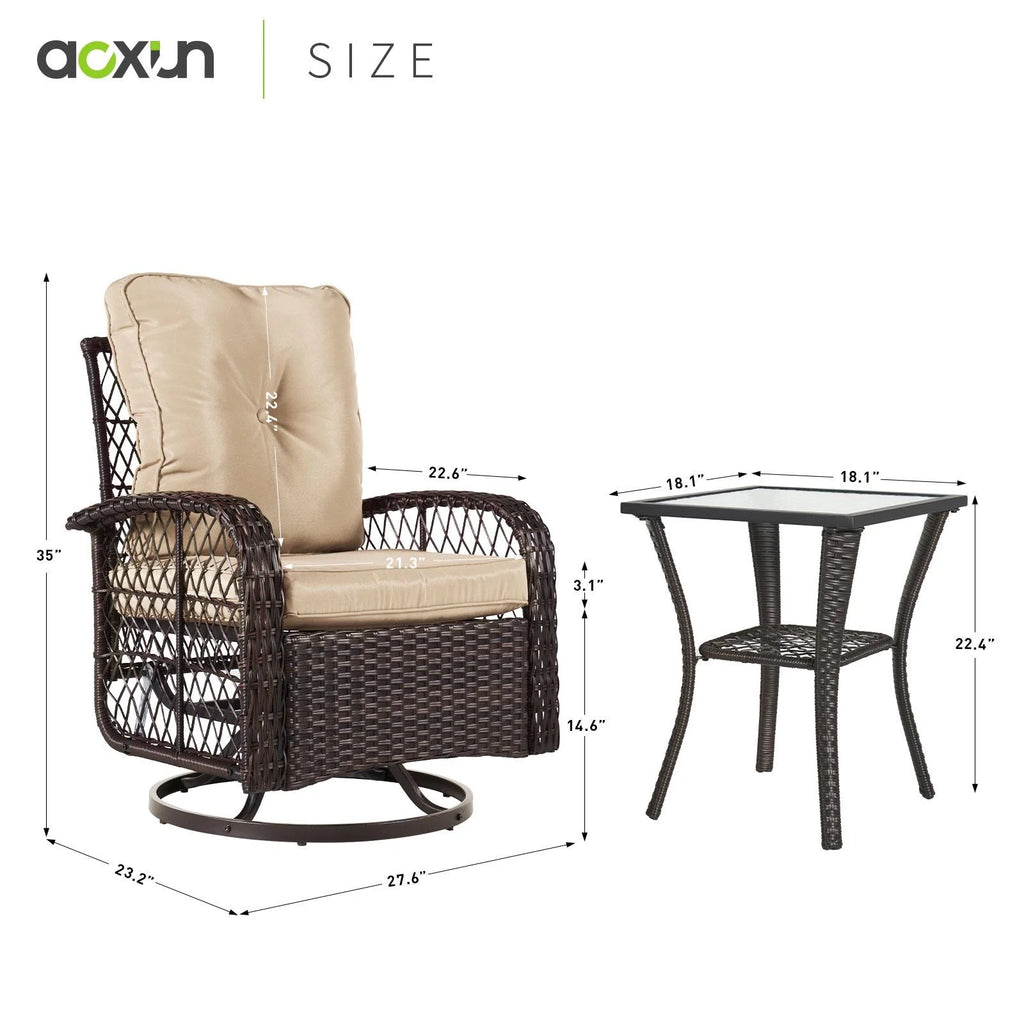 3 Piece Swivel Rocking Wicker Patio Chairs Set with Beige Cushions I80836