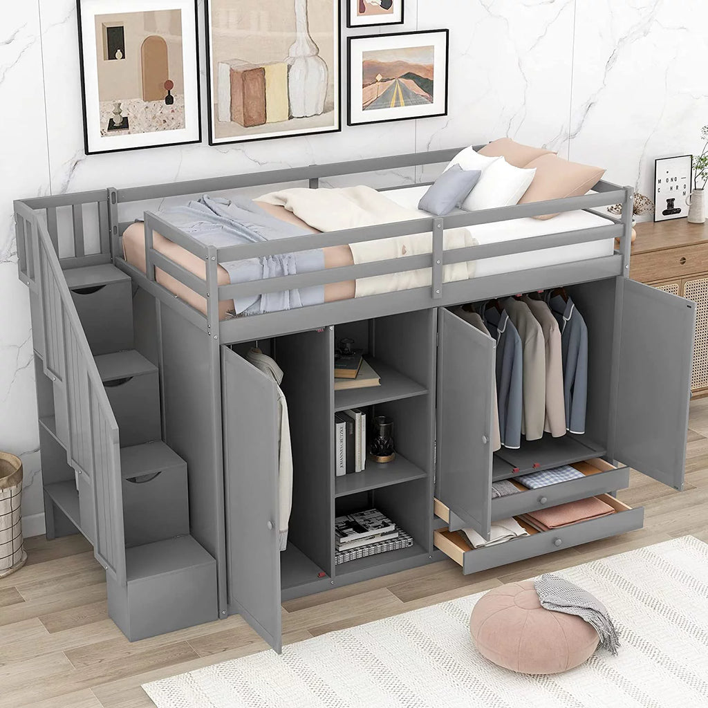 Solid Wood Loft Bed with Stairs, 2 Wardrobes, 3 Shelves and 2 Drawers, Gray U843290