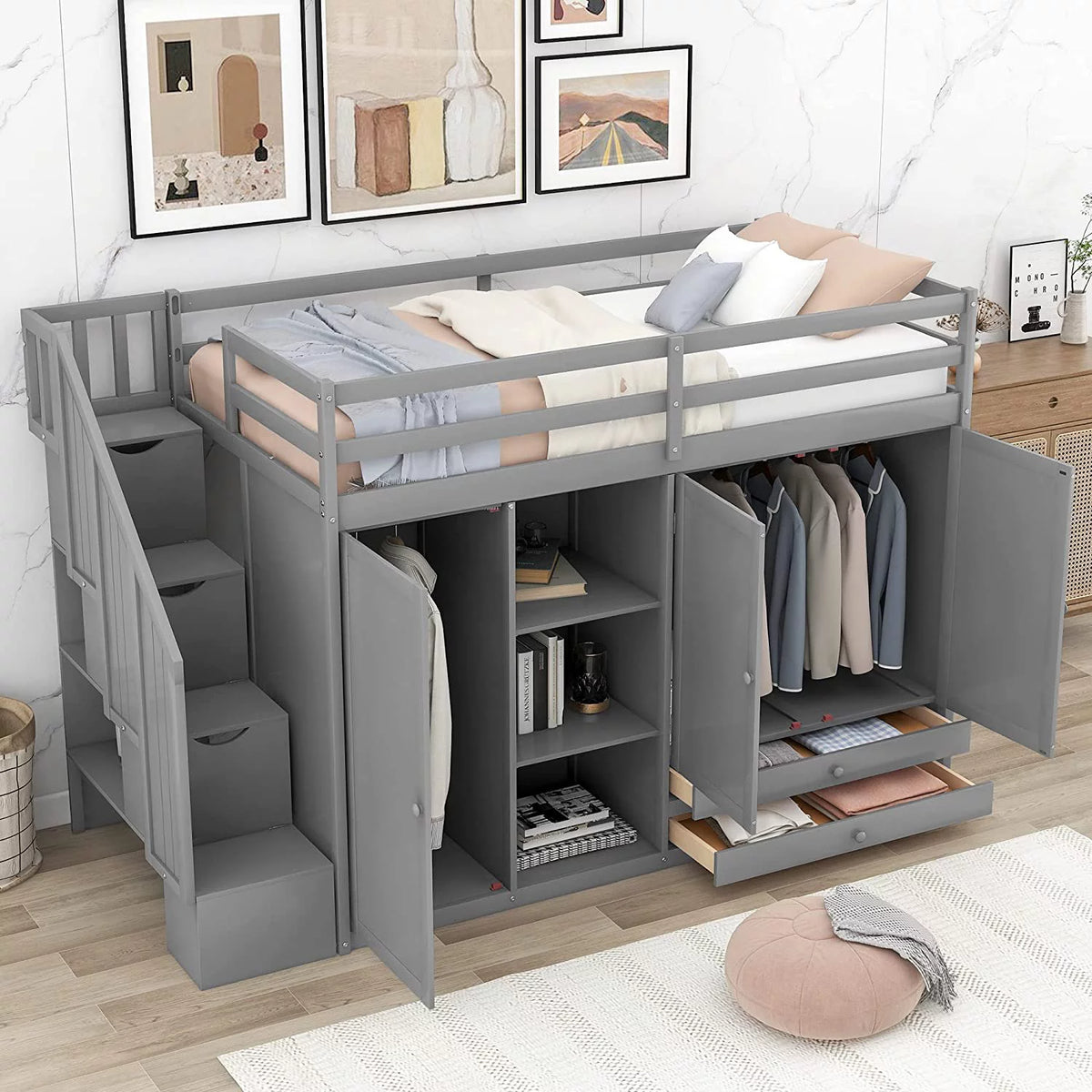 Solid Wood Loft Bed with Stairs, 2 Wardrobes, 3 Shelves and 2 Drawers, Gray U843290