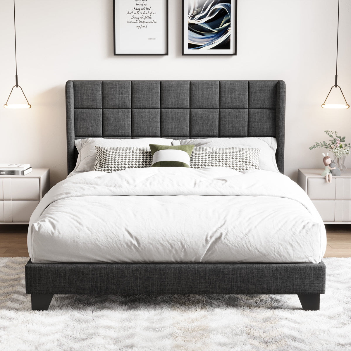 Queen Size Dark Grey Platform Bed with Wingback Headboard F7989