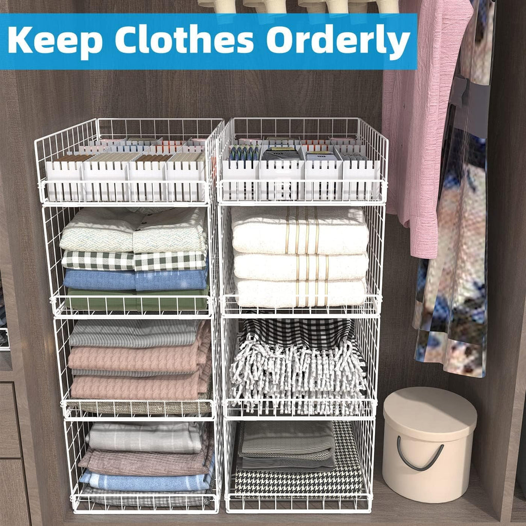 4 Tier Stackable Metal Wire Storage Basket with Dividers, White S862