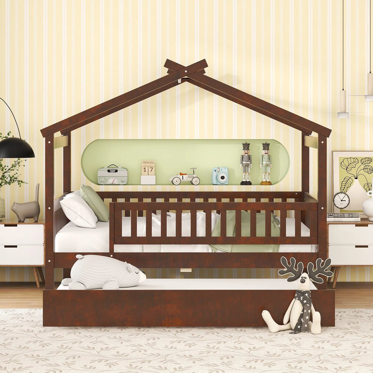 Full Size Wooden Canopy Bed Frame with Twin Trundle Z647