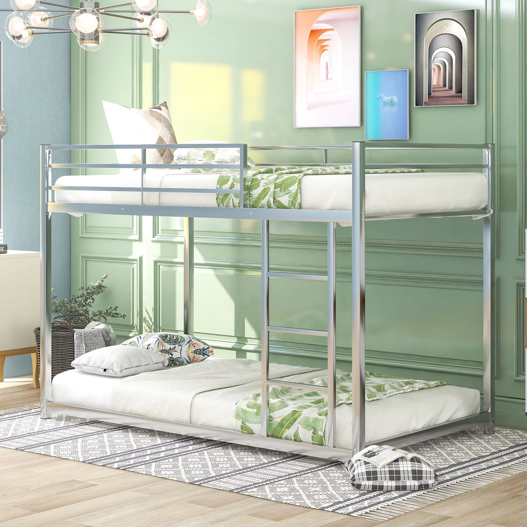 Metal Twin over Twin Low Bunk Bed with Ladder and Safety Guardrails H62058