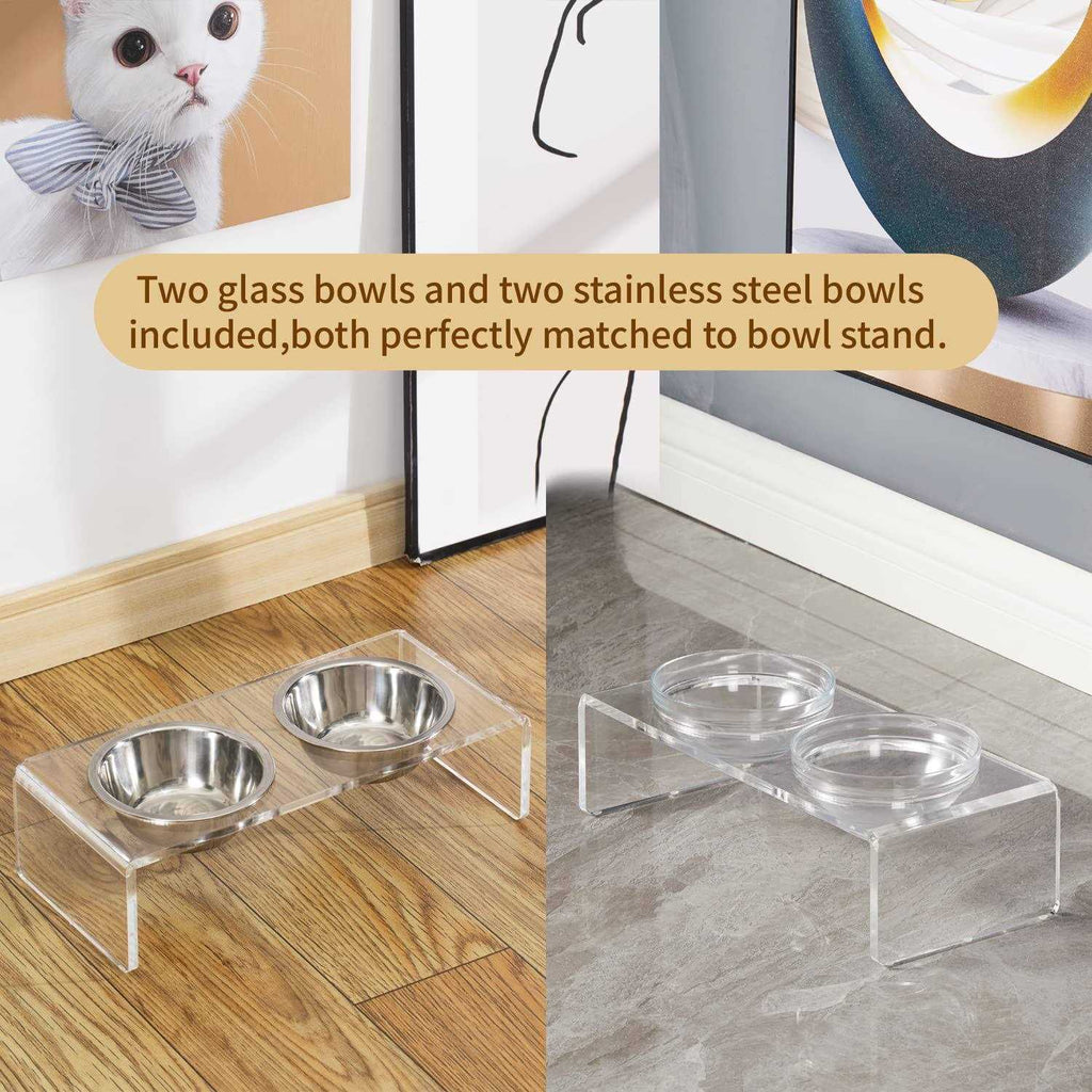 Acrylic Elevated Dog Cat Bowls with Removable Glass and Stainless Steel Bowls T98188