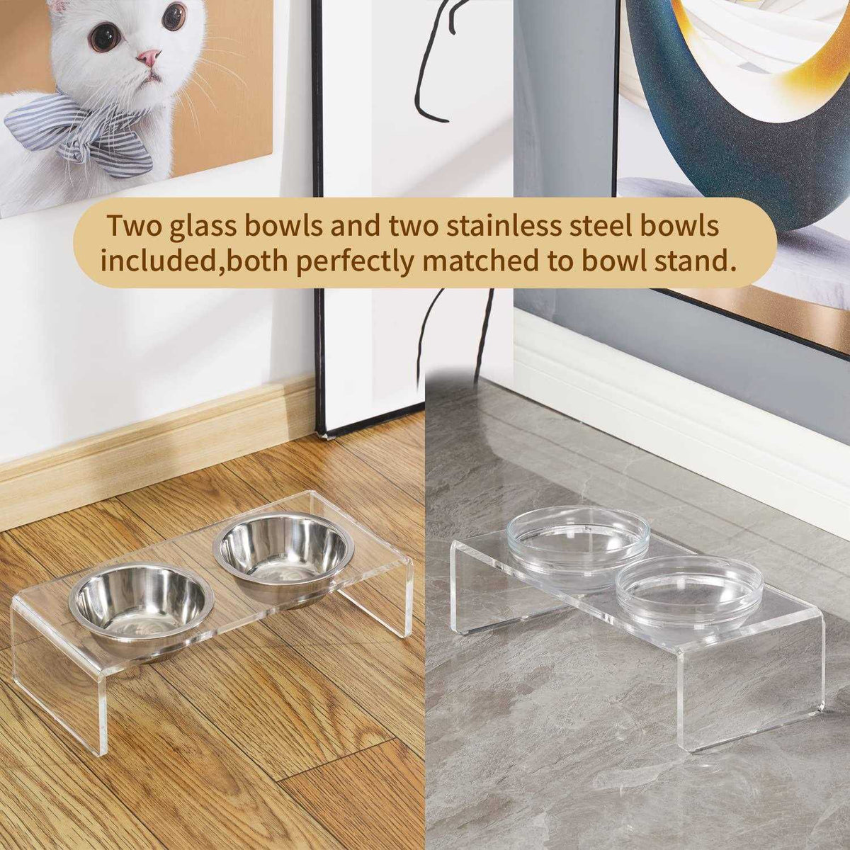 Acrylic Elevated Dog Cat Bowls with Removable Glass and Stainless Steel Bowls T98188