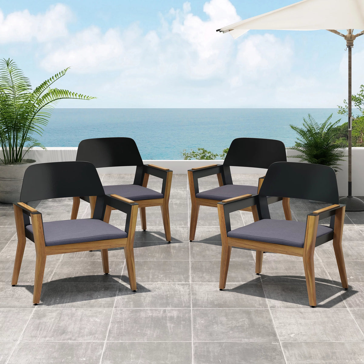 Acacia Wood Club Chairs with Cushion, Set of 4 M309