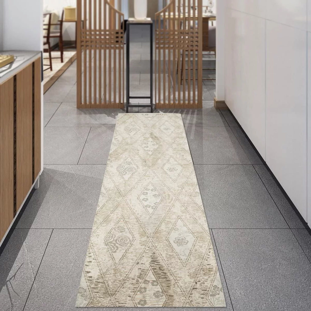 Beige & Cream Flat Weave 2.3'x9' Machine Washable Non Slip Runner Rug W95320