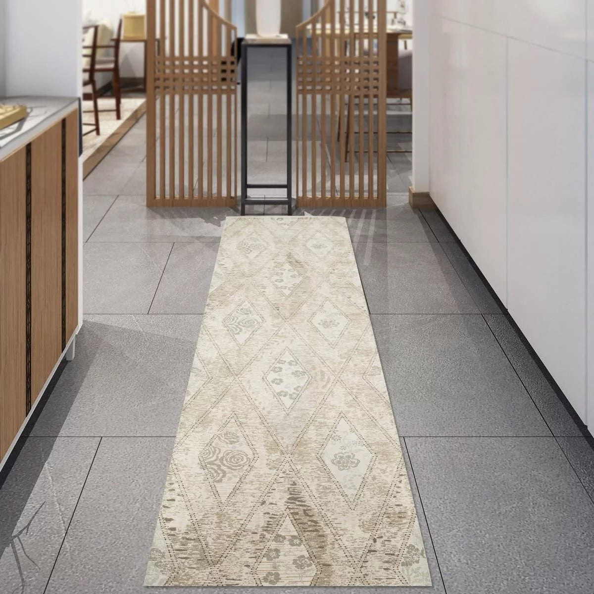 Beige & Cream Flat Weave 2.3'x9' Machine Washable Non Slip Runner Rug W95320
