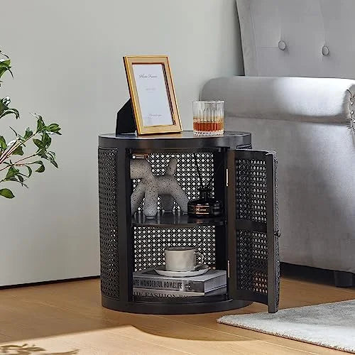 Black 3 Tier Rattan Round Coffee Table with Door U186