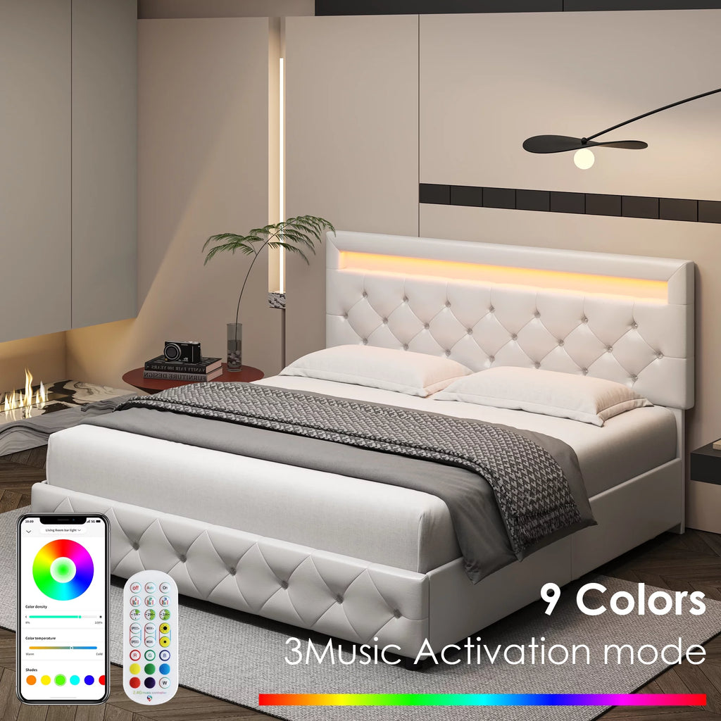 King LED Bed Frame with 4 Storage Drawer White Y47902