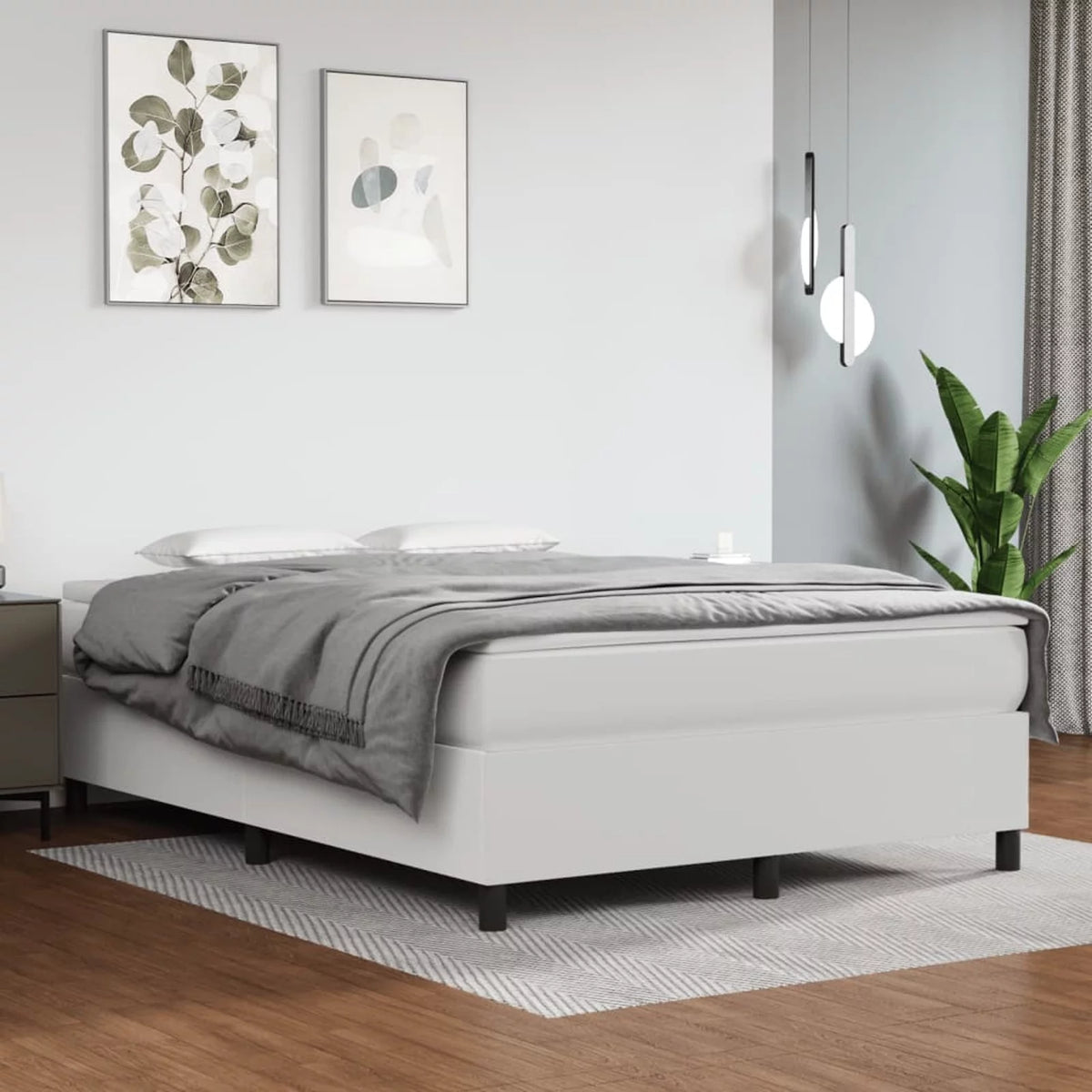 Queen Size White Faux Leather Platform Bed Frame and Mattress Set C39214
