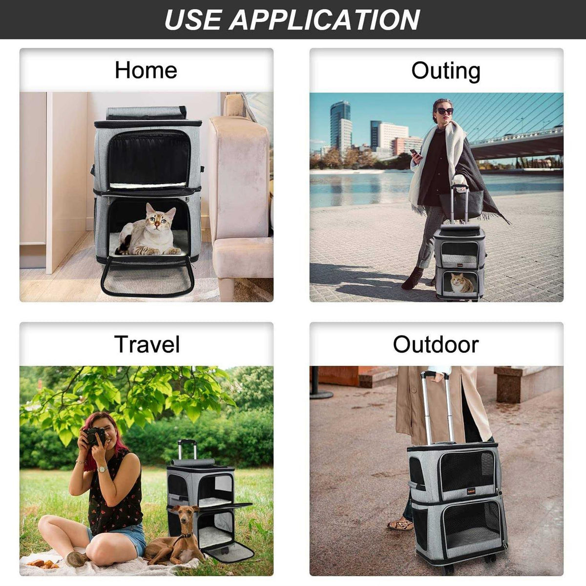 Double-Compartment Pet Carrier Backpack with Wheels W77797