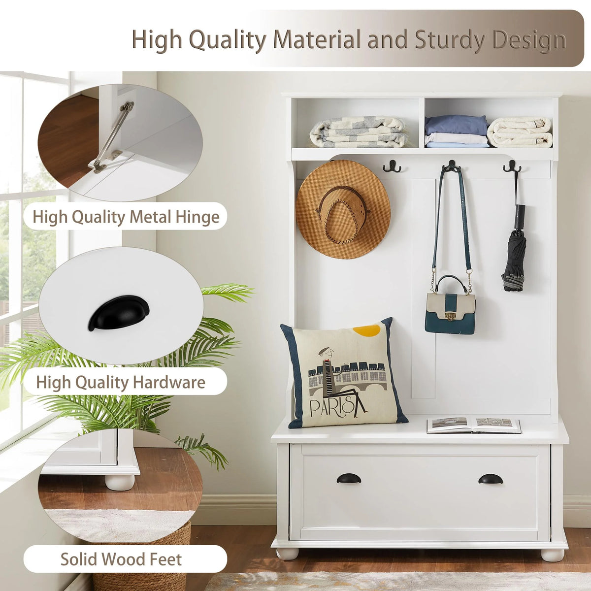 White Hall Tree Bench with Coat Rack and Shoe Cabinet K253
