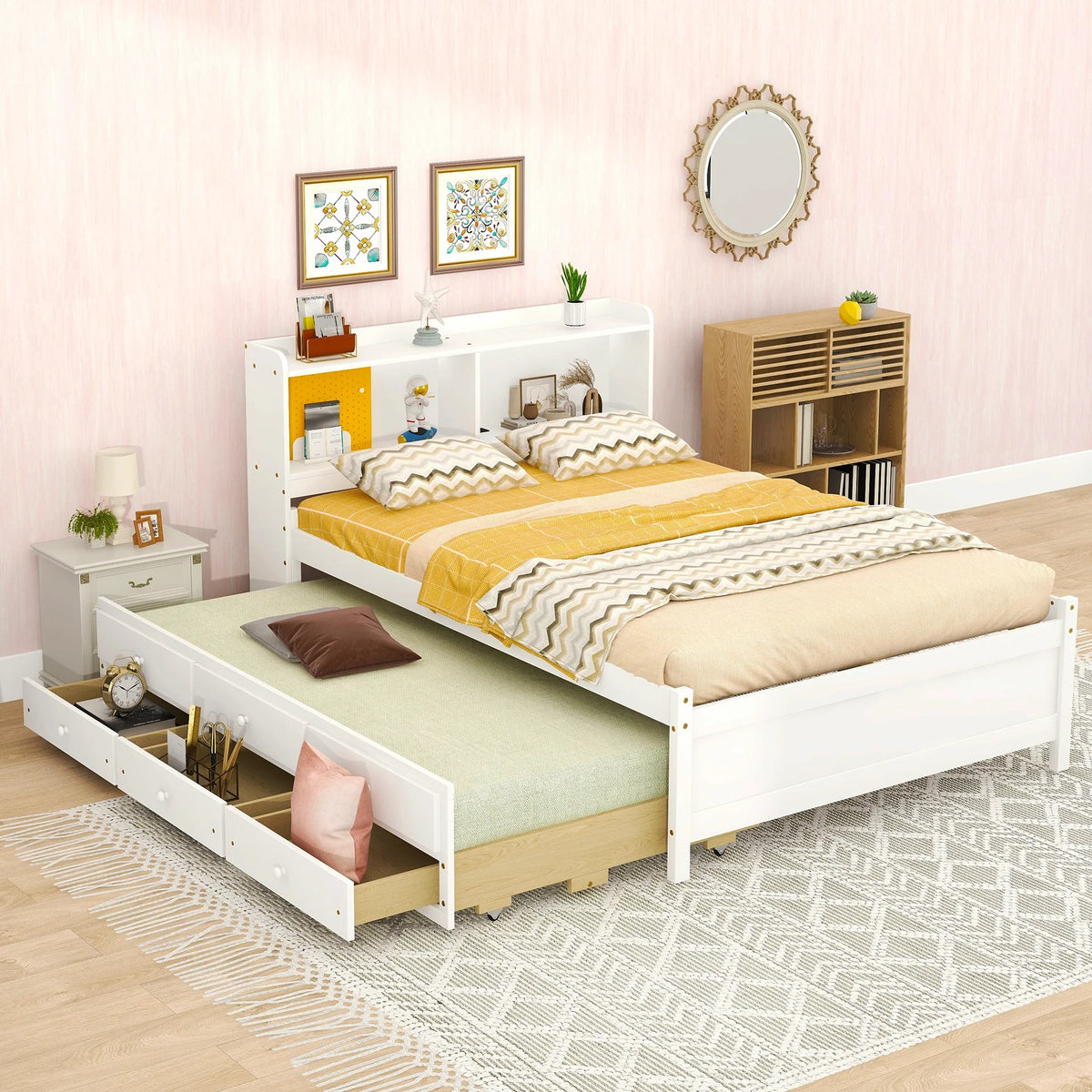 Full Size Bed with USB & Type-C Ports, Bookcase Headboard, Trundle & 3 Drawers, LED Light Strip, White U8585