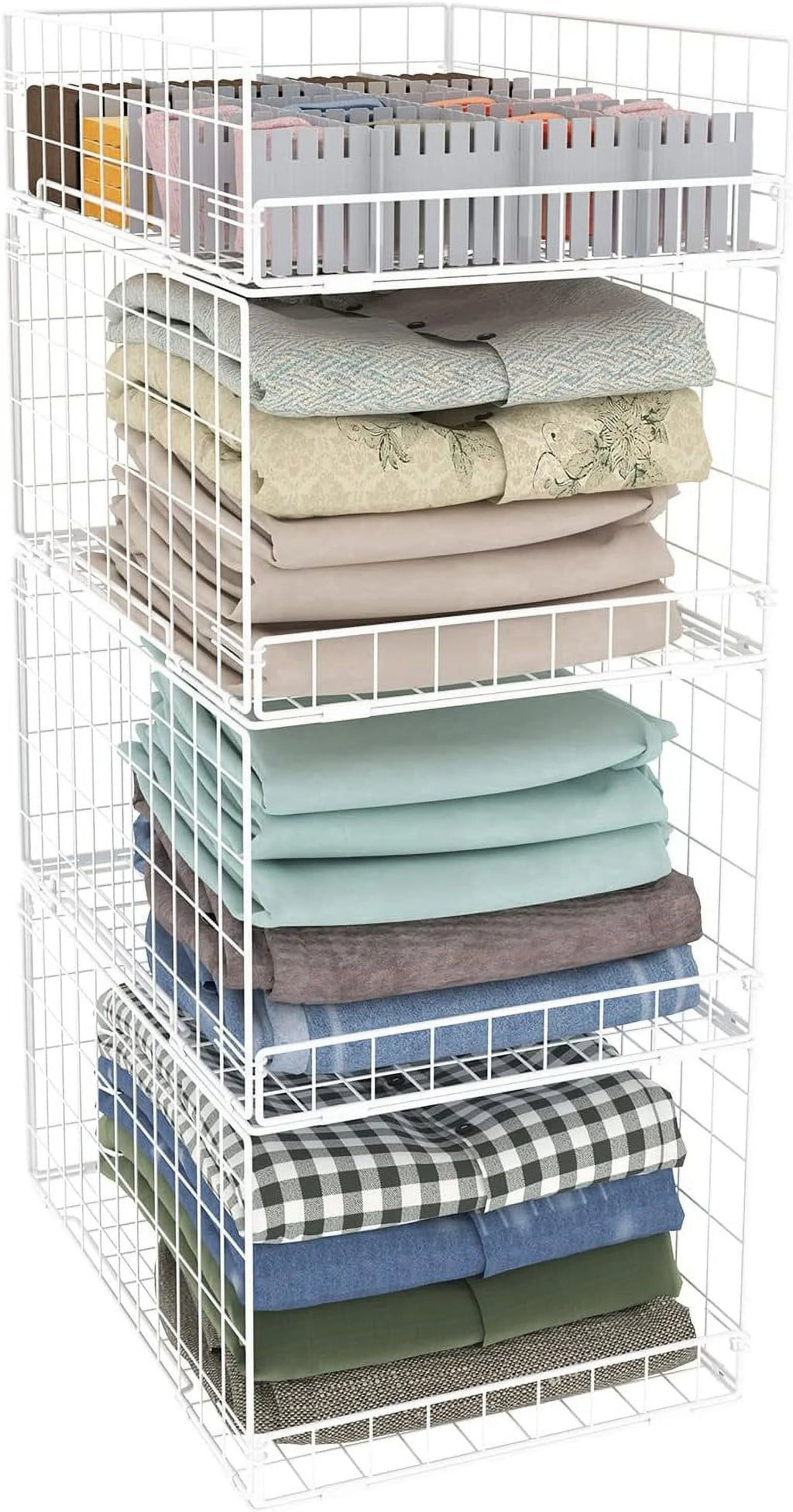 4 Tier Stackable Metal Wire Storage Basket with Dividers, White S862