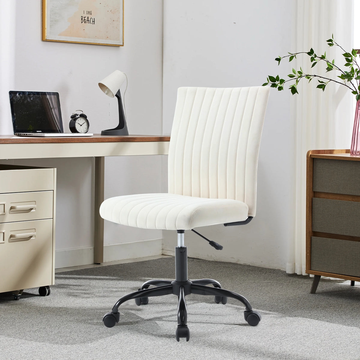 Velvet Armless Swivel Desk Chair with Wheels B48819