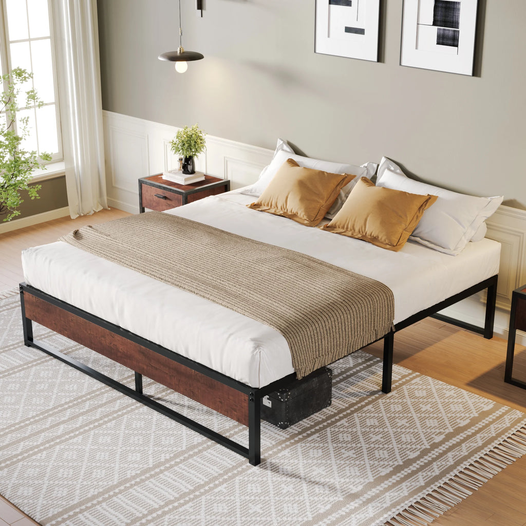 Brown King Size Metal Platform Bed Frame with Underbed Storage E2157
