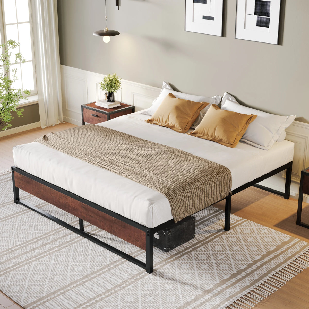 Brown King Size Metal Platform Bed Frame with Underbed Storage E2157