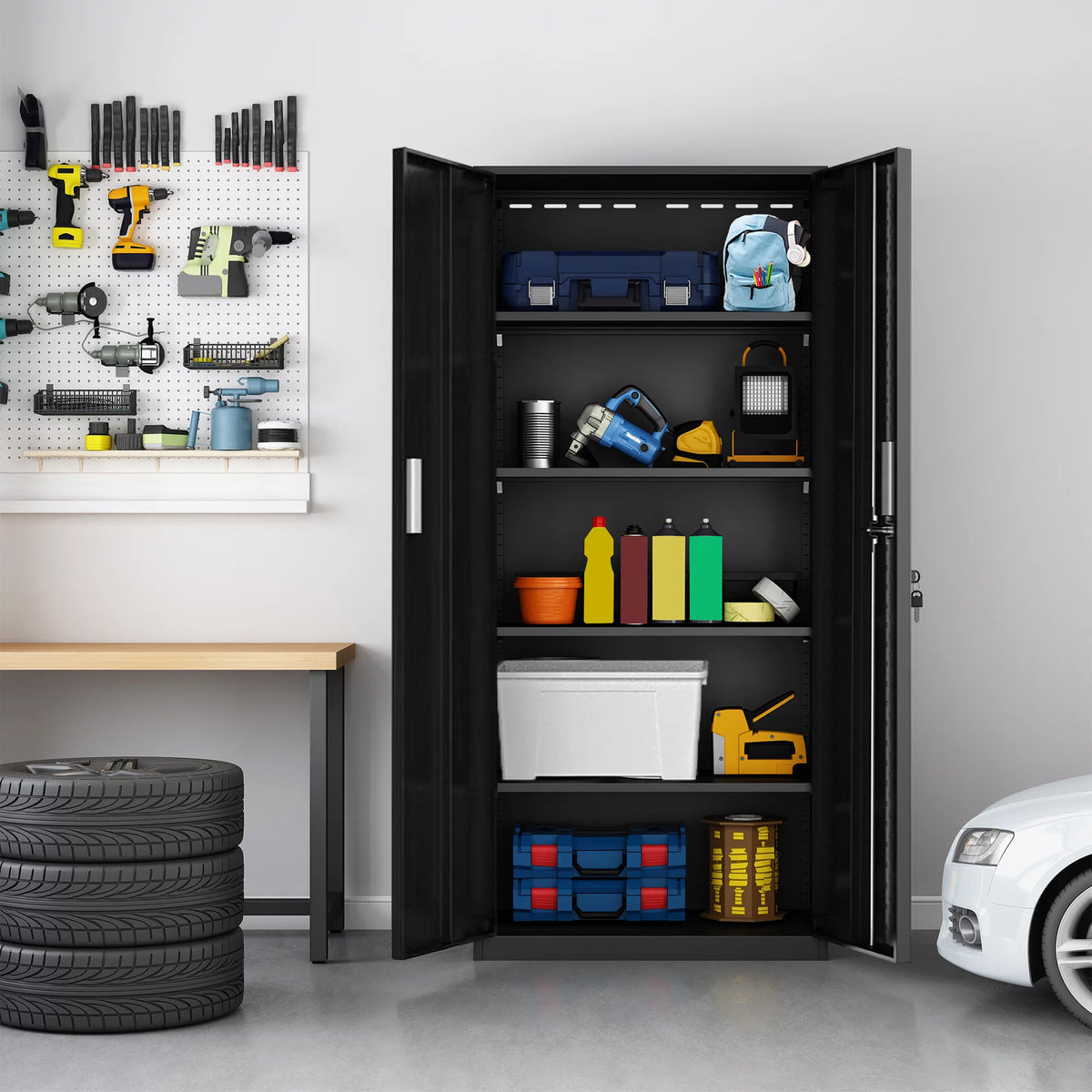 Tall Metal Storage Garage Cabinets with Locking Doors and 4 Adjustable Shelves K52099